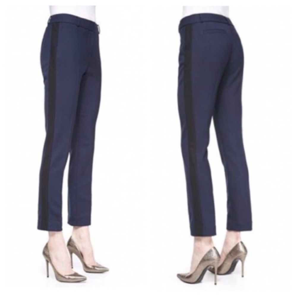 Kate Spade Navy Blue Black Silk Tuxedo Stripe Crop Ankle Pants 2